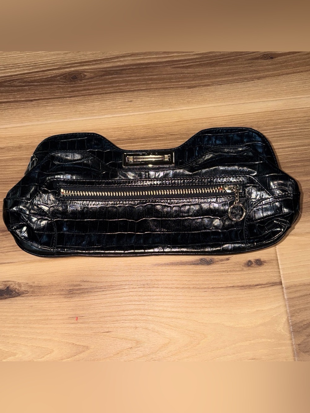 Maxx New York Black Croc-Embossed Wristlet Clutch with Front Zip